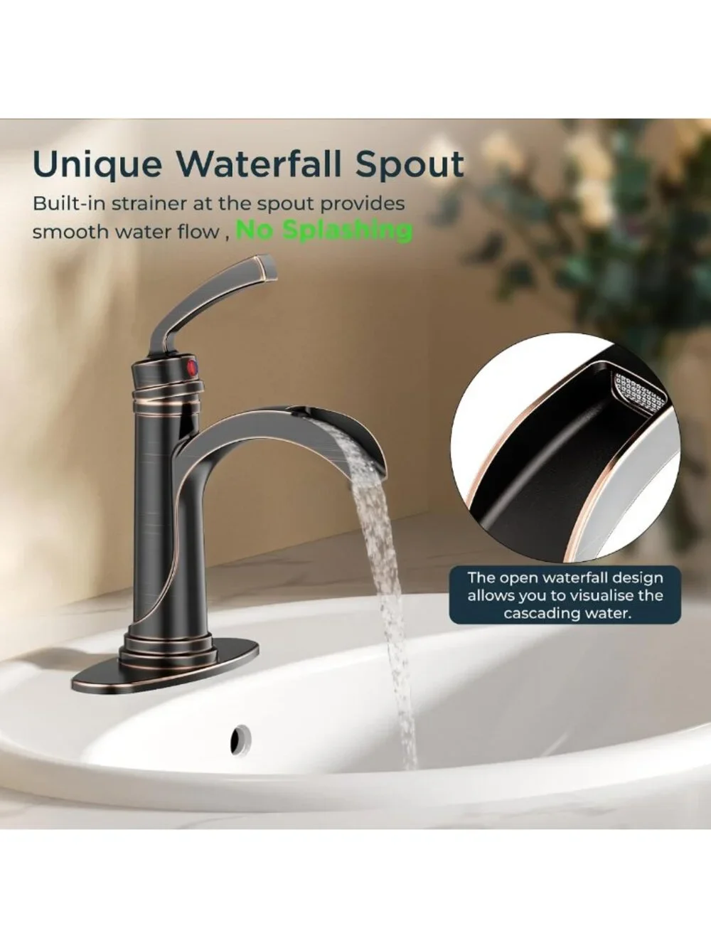 Elegant Antique Waterfall Bathroom Sink Faucet - Single Handle, 1 Hole, Bronze